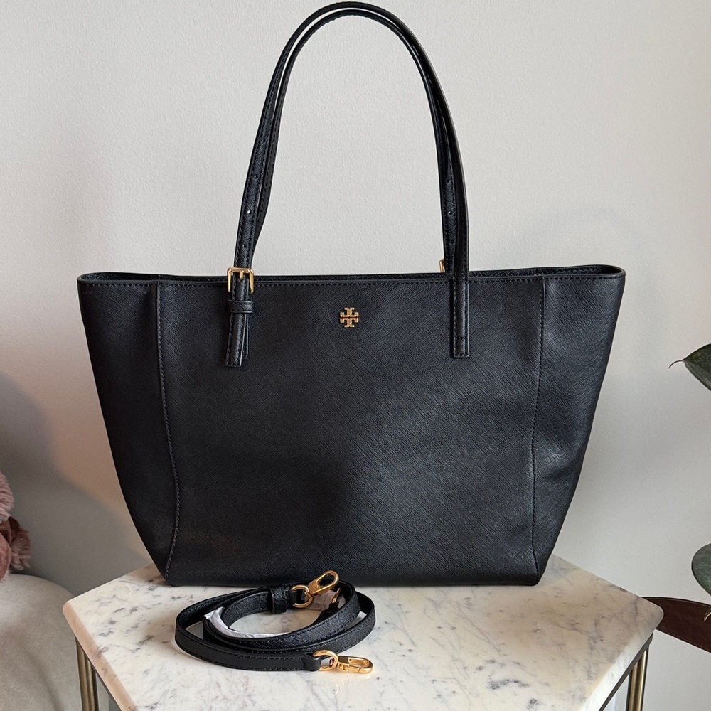 Tory Burch Elegant Black Tote with Gold Accents